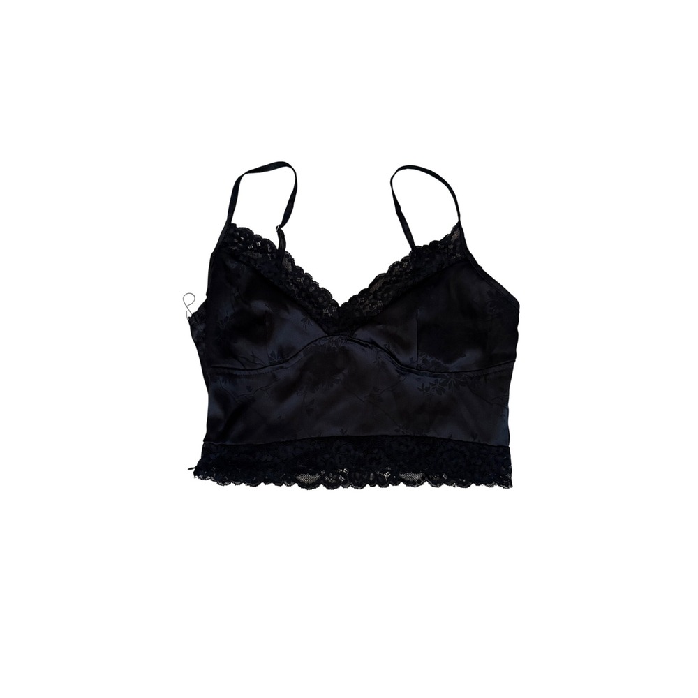 SHEIN Black Floral Jacquard Lace Trim Cami Crop Top Size S Adjustable Straps
